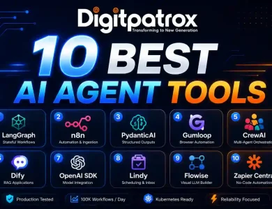 Modern featured image showcasing the 10 best AI agent tools for production systems in 2026 including LangGraph, n8n, PydanticAI, CrewAI, Dify, Flowise, OpenAI SDK, Gumloop, Lindy, and Zapier Central.