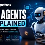 Futuristic AI robot working on a laptop with holographic workflow icons representing autonomous AI agents, automation, and intelligent decision-making.
