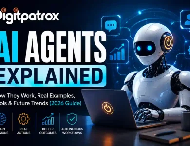 Futuristic AI robot working on a laptop with holographic workflow icons representing autonomous AI agents, automation, and intelligent decision-making.