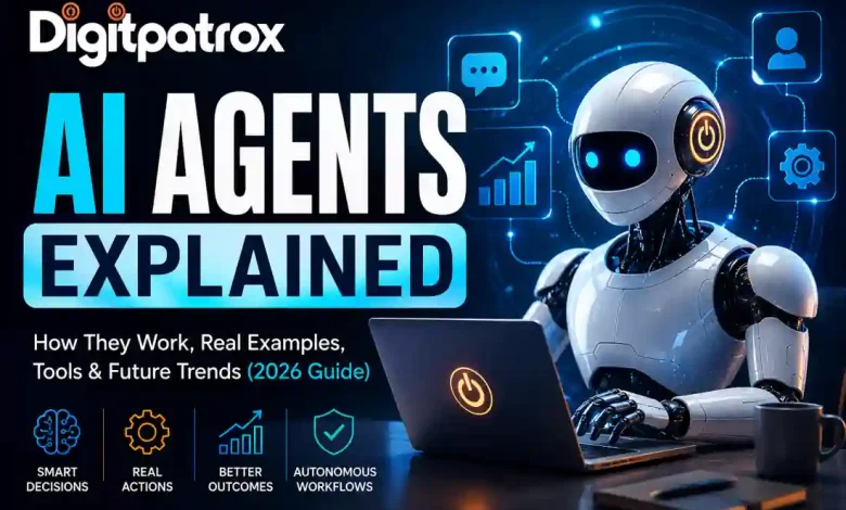 Futuristic AI robot working on a laptop with holographic workflow icons representing autonomous AI agents, automation, and intelligent decision-making.