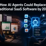 Futuristic AI agent workflow replacing traditional SaaS dashboards like Salesforce, Slack, Excel, and PowerPoint with autonomous business automation.