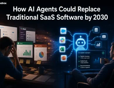 Futuristic AI agent workflow replacing traditional SaaS dashboards like Salesforce, Slack, Excel, and PowerPoint with autonomous business automation.