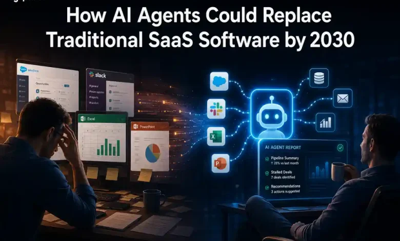 Futuristic AI agent workflow replacing traditional SaaS dashboards like Salesforce, Slack, Excel, and PowerPoint with autonomous business automation.