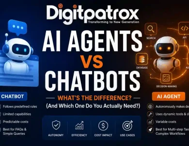 Digitpatrox featured image comparing AI agents and chatbots with futuristic robot illustrations, automation icons, and a detailed breakdown of autonomy, costs, tools, and use cases.