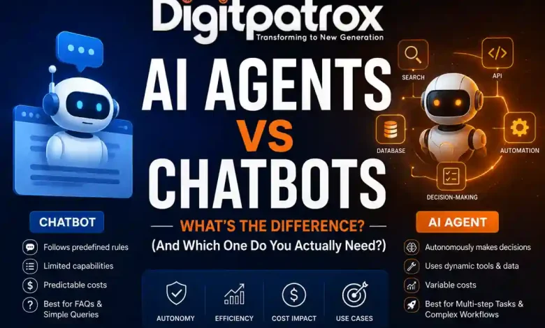 Digitpatrox featured image comparing AI agents and chatbots with futuristic robot illustrations, automation icons, and a detailed breakdown of autonomy, costs, tools, and use cases.