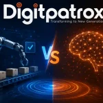 Futuristic comparison between AI agents and traditional automation systems with robotic automation and neural AI visualization alongside the Digitpatrox logo.