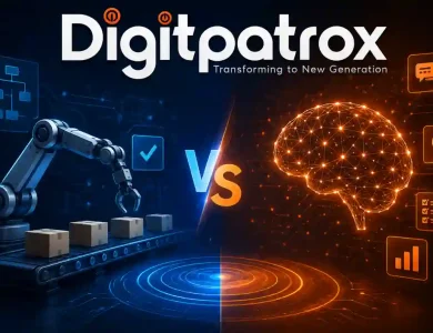 Futuristic comparison between AI agents and traditional automation systems with robotic automation and neural AI visualization alongside the Digitpatrox logo.
