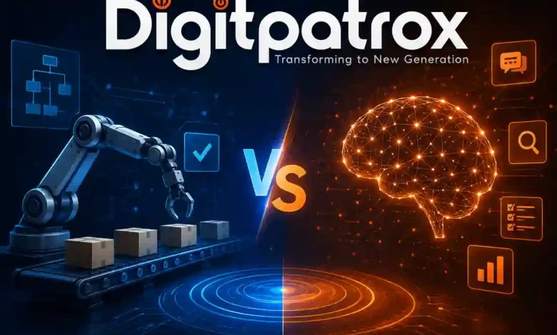 Futuristic comparison between AI agents and traditional automation systems with robotic automation and neural AI visualization alongside the Digitpatrox logo.