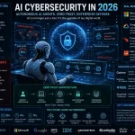 Futuristic AI cybersecurity illustration showing autonomous AI agents, Zero Trust security systems, enterprise SOC dashboards, AI threat detection, cloud security infrastructure, and digital cyber defense technology in 2026.