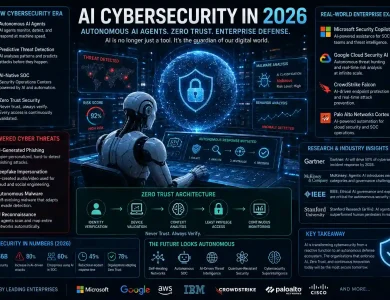 Futuristic AI cybersecurity illustration showing autonomous AI agents, Zero Trust security systems, enterprise SOC dashboards, AI threat detection, cloud security infrastructure, and digital cyber defense technology in 2026.