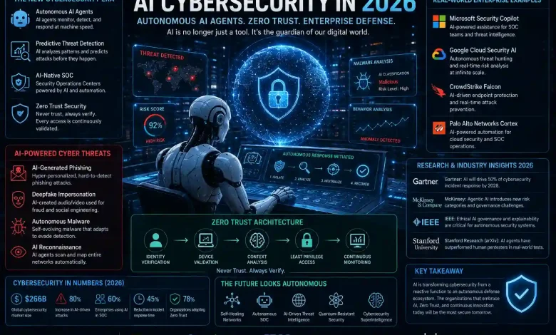 Futuristic AI cybersecurity illustration showing autonomous AI agents, Zero Trust security systems, enterprise SOC dashboards, AI threat detection, cloud security infrastructure, and digital cyber defense technology in 2026.