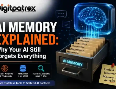 Illustration showing AI memory systems, context windows, and retrieval layers with a digital brain and AI memory filing system.