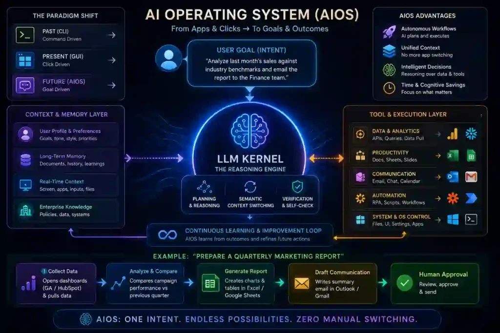Futuristic AI Operating System infographic showing an LLM kernel orchestrating apps, workflows, memory, APIs, and autonomous task execution across modern software tools.