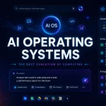 Futuristic AI Operating System dashboard showing autonomous workflows, AI agent controls, contextual memory, and intelligent task orchestration across apps and tools.