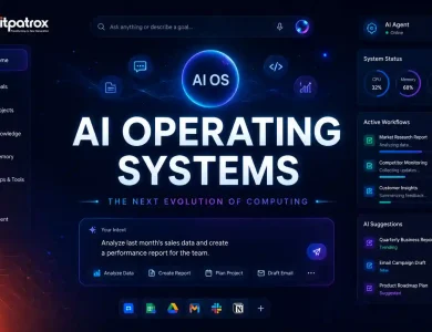 Futuristic AI Operating System dashboard showing autonomous workflows, AI agent controls, contextual memory, and intelligent task orchestration across apps and tools.