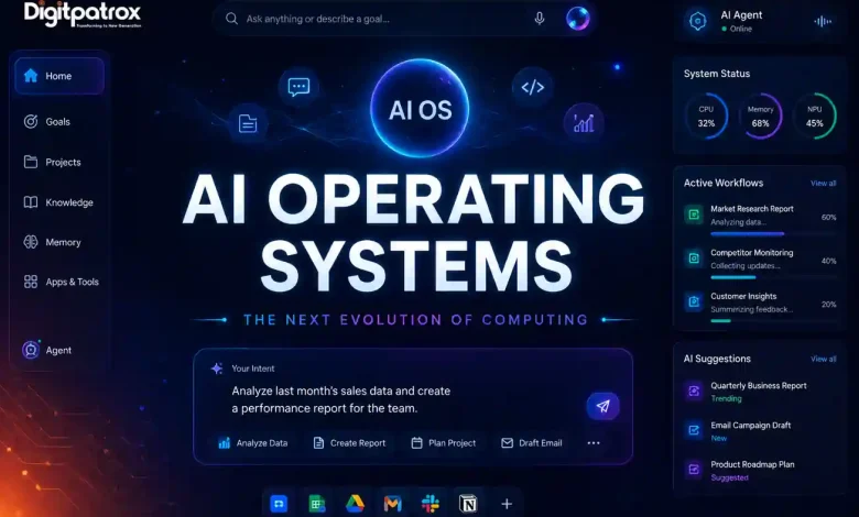 Futuristic AI Operating System dashboard showing autonomous workflows, AI agent controls, contextual memory, and intelligent task orchestration across apps and tools.