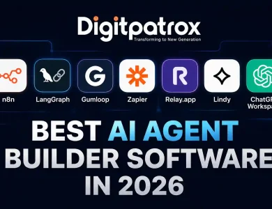 Featured banner showing AI agent builder platforms including n8n, LangGraph, Gumloop, Zapier, Relay.app, Lindy, and ChatGPT Workspace with Digitpatrox branding.