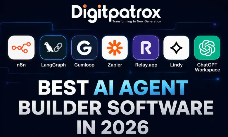 Featured banner showing AI agent builder platforms including n8n, LangGraph, Gumloop, Zapier, Relay.app, Lindy, and ChatGPT Workspace with Digitpatrox branding.
