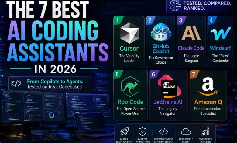 Comparison of the best AI coding assistants in 2026 including Cursor, GitHub Copilot, Claude Code, Windsurf, Roo Code, JetBrains AI, and Amazon Q