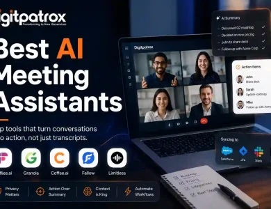 Illustration of the best AI meeting assistants in 2026 showing AI-powered meeting summaries, workflow automation, CRM syncing, and headless AI agents with Fireflies.ai, Granola, Coffee.ai, Fellow, and Limitless.