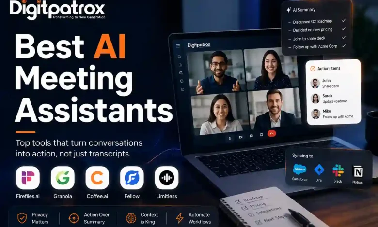 Illustration of the best AI meeting assistants in 2026 showing AI-powered meeting summaries, workflow automation, CRM syncing, and headless AI agents with Fireflies.ai, Granola, Coffee.ai, Fellow, and Limitless.