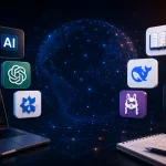 Futuristic AI workspace illustration with glowing neural network visuals and Digitpatrox logo for Best Free AI Tools in 2026 article