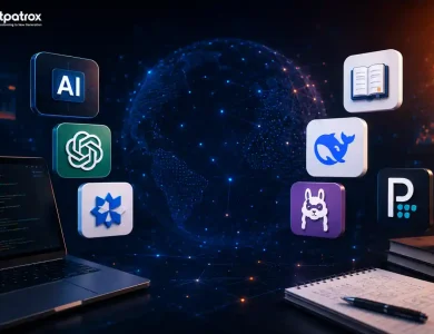 Futuristic AI workspace illustration with glowing neural network visuals and Digitpatrox logo for Best Free AI Tools in 2026 article