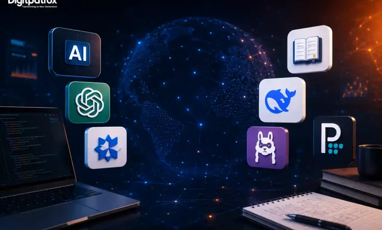 Futuristic AI workspace illustration with glowing neural network visuals and Digitpatrox logo for Best Free AI Tools in 2026 article