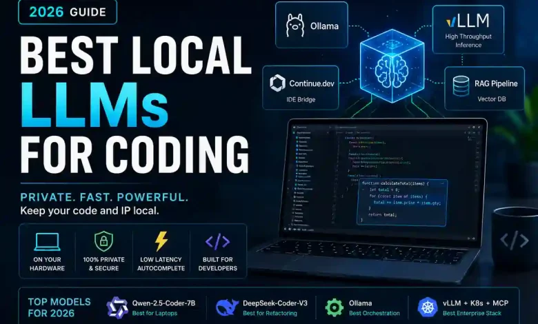 Best local LLMs for coding in 2026 featuring Ollama, vLLM, Qwen coder, DeepSeek coder, and local AI development infrastructure