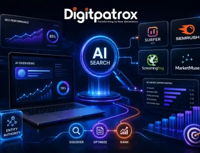Dashboard-style illustration showing AI SEO tools like Surfer SEO, Semrush, and Screaming Frog connected to Google AI Overviews and AI search infrastructure.