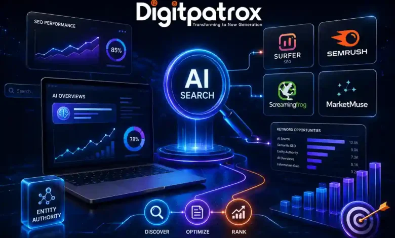 Dashboard-style illustration showing AI SEO tools like Surfer SEO, Semrush, and Screaming Frog connected to Google AI Overviews and AI search infrastructure.