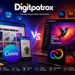 Split-screen comparison of Canva AI and Adobe Express Premium with Digitpatrox branding, showcasing AI design tools, creative workflows, and Adobe Firefly features.