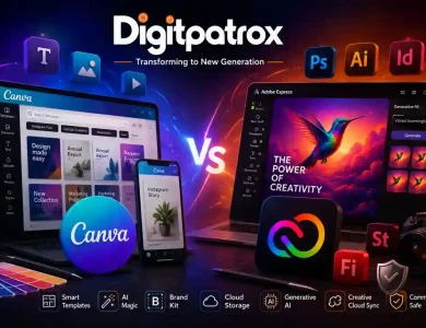 Split-screen comparison of Canva AI and Adobe Express Premium with Digitpatrox branding, showcasing AI design tools, creative workflows, and Adobe Firefly features.