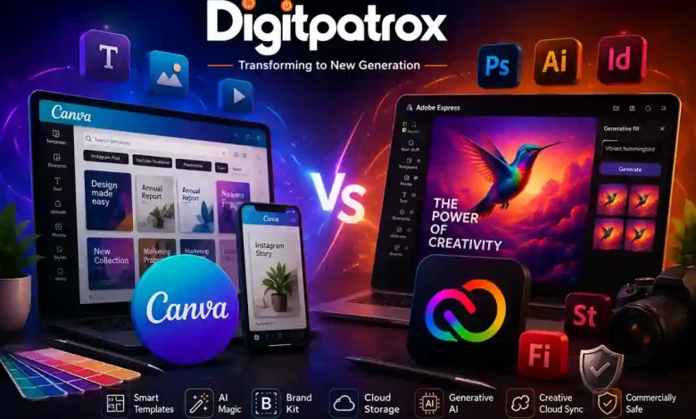 Split-screen comparison of Canva AI and Adobe Express Premium with Digitpatrox branding, showcasing AI design tools, creative workflows, and Adobe Firefly features.