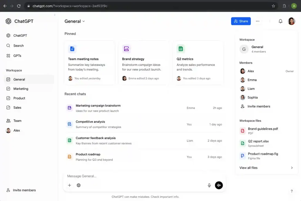 Light-themed ChatGPT Workspace interface showing shared team chats, documents, pinned files, and collaborative AI workspace management.