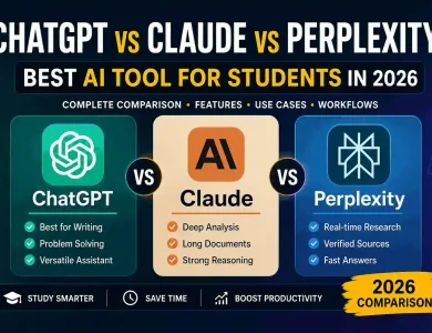 ChatGPT vs Claude vs Perplexity comparison for students showing best AI tools for studying and research