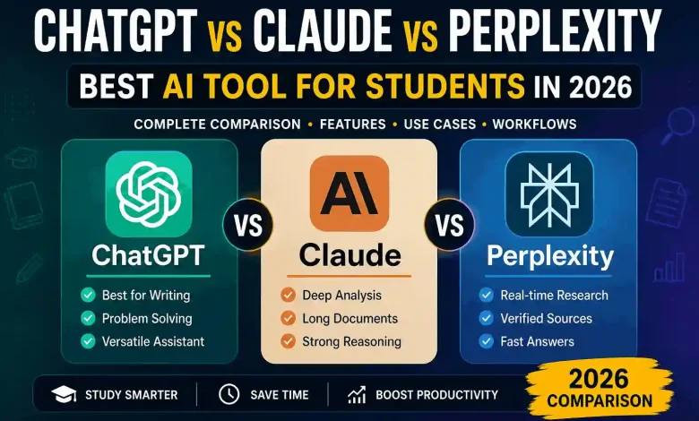 ChatGPT vs Claude vs Perplexity comparison for students showing best AI tools for studying and research