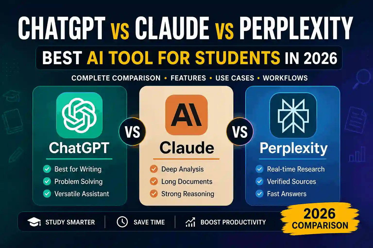 ChatGPT vs Claude vs Perplexity comparison for students showing best AI tools for studying and research