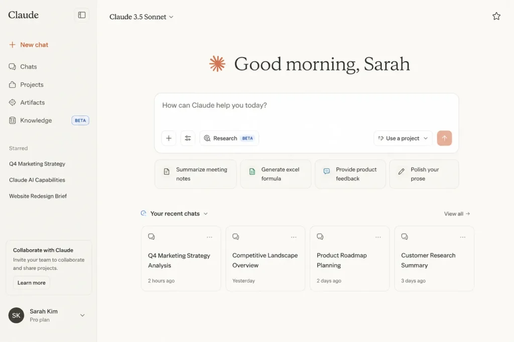 Claude AI workspace interface showing conversational AI tools, document analysis features, project collaboration, and contextual research capabilities inside a modern productivity dashboard.