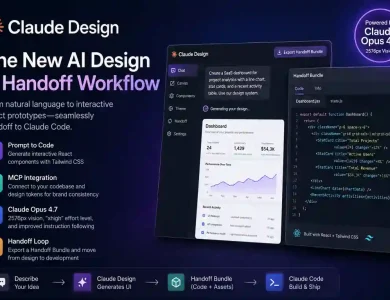 Claude Design AI interface generating React and Tailwind UI prototypes with Claude Code handoff workflow visualization