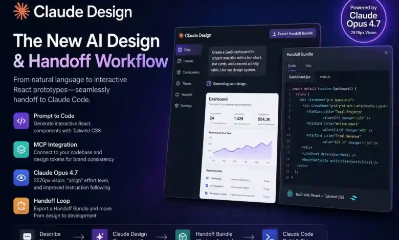 Claude Design AI interface generating React and Tailwind UI prototypes with Claude Code handoff workflow visualization