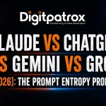 Futuristic AI comparison banner showing Claude, ChatGPT, Gemini, and Grok with the title “The Prompt Entropy Problem” on a dark cyberpunk-style background with the Digitpatrox logo.
