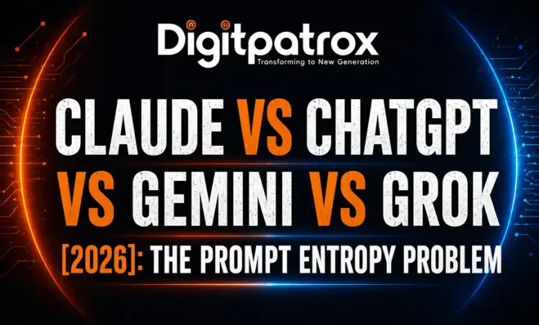 Futuristic AI comparison banner showing Claude, ChatGPT, Gemini, and Grok with the title “The Prompt Entropy Problem” on a dark cyberpunk-style background with the Digitpatrox logo.