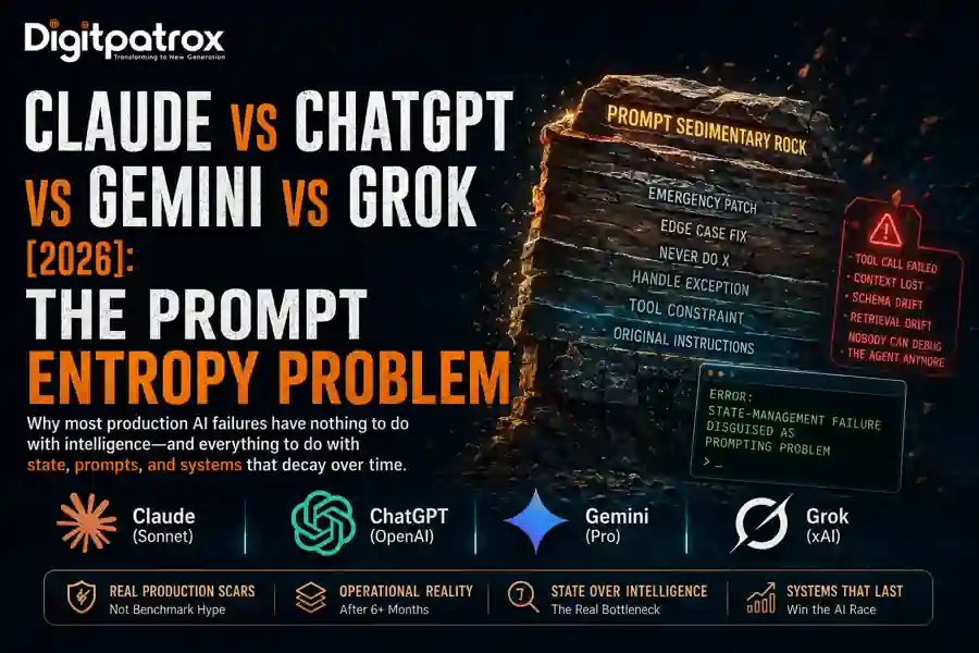 Futuristic AI comparison banner showing Claude, ChatGPT, Gemini, and Grok with the title “The Prompt Entropy Problem” on a dark cyberpunk-style background with the Digitpatrox logo.