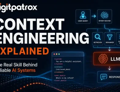 Context Engineering Explained featured image showing AI retrieval pipeline with retriever, reranker, context filter, and LLM workflow architecture.