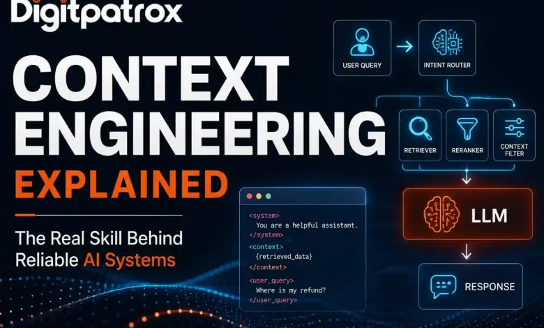 Context Engineering Explained featured image showing AI retrieval pipeline with retriever, reranker, context filter, and LLM workflow architecture.
