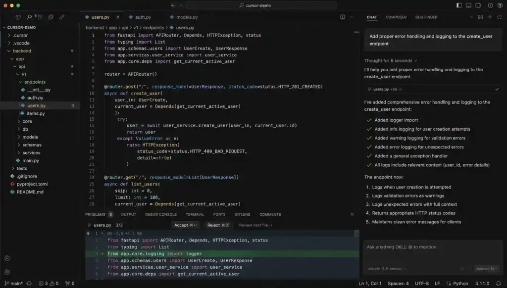 Dark-themed Cursor AI code editor interface showing AI-assisted backend development, multi-file editing, code refactoring, and intelligent debugging suggestions in a modern developer workspace.