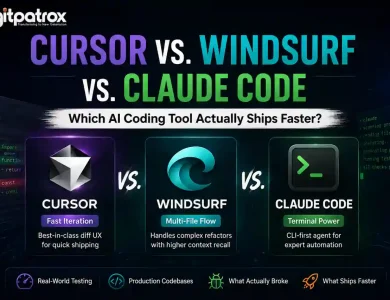 Comparison banner showing Cursor, Windsurf, and Claude Code AI coding tools with Digitpatrox branding and the headline “Which AI Coding Tool Actually Ships Faster?”