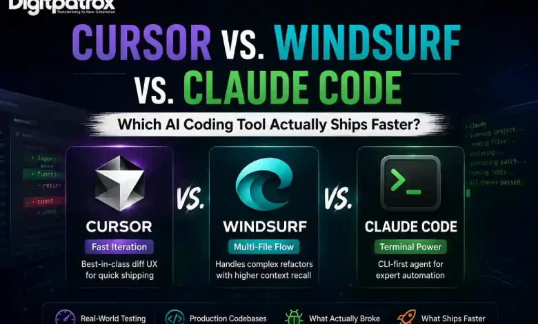 Comparison banner showing Cursor, Windsurf, and Claude Code AI coding tools with Digitpatrox branding and the headline “Which AI Coding Tool Actually Ships Faster?”