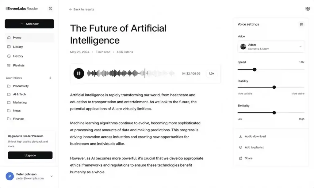 Modern ElevenLabs-inspired AI voice generation dashboard featuring text-to-speech controls, voice library options, and audio workspace interface.